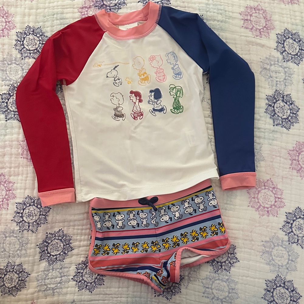 Peanuts Swim Set Rash Guard Long Sleeve Top & Swim Shorts Size 110